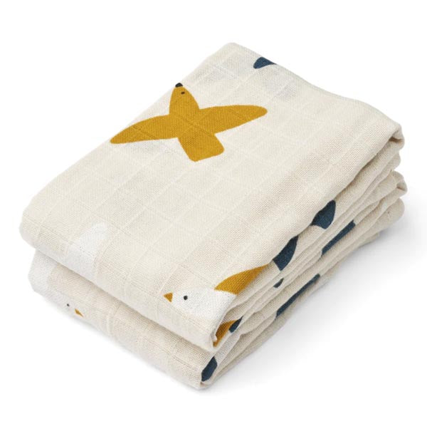 Liewood : Serviettes de bain 'Lewis' Oiseaux/Coquillages | Lot de 2 | 65 x 65 cm